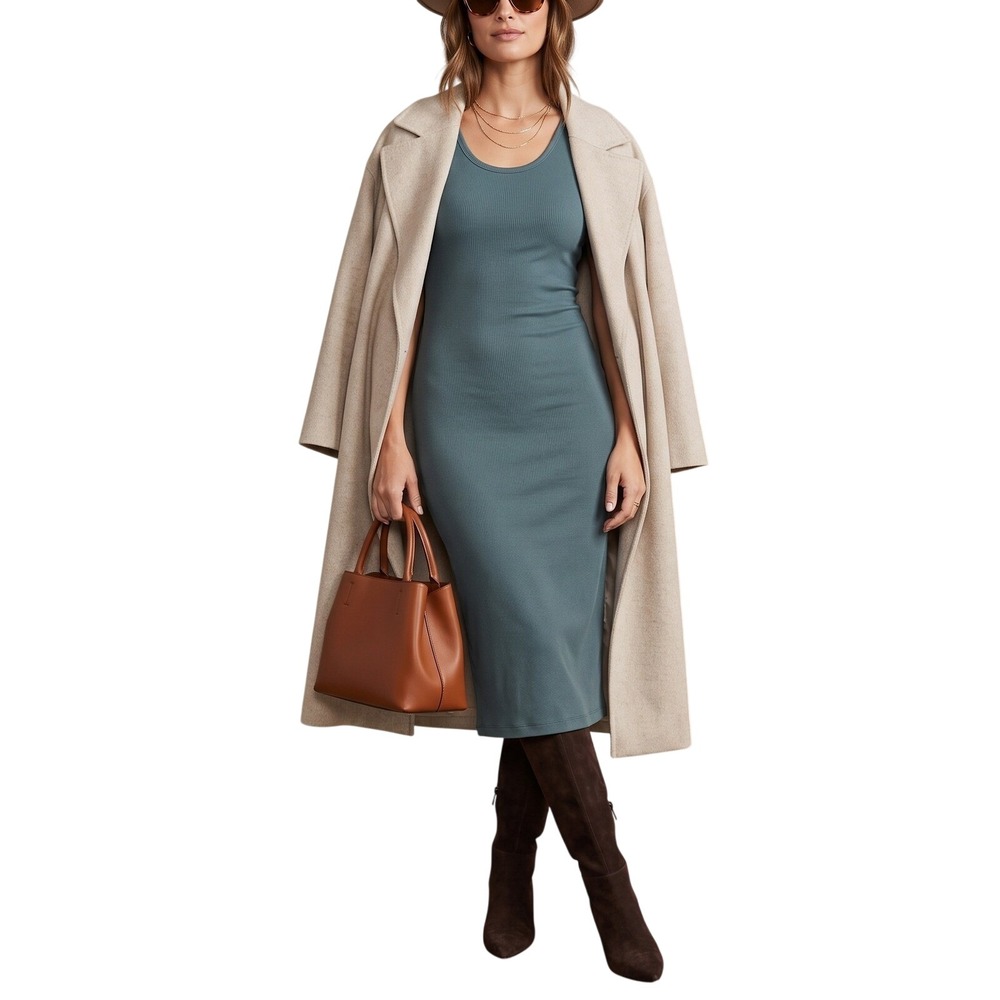 MARINE LAYER Womens Lexi Ribbed Midi Tank Dress Green Large Minimalist $118